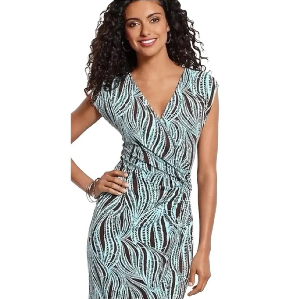 Tommy Bahama Womens M Teal Black Abstract Leaf Faux Wrap Dress TW61941